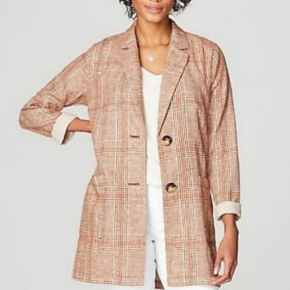 J. Jill Harper Linen Blend Plaid Boyfriend Blazer Size Large Earth Tones